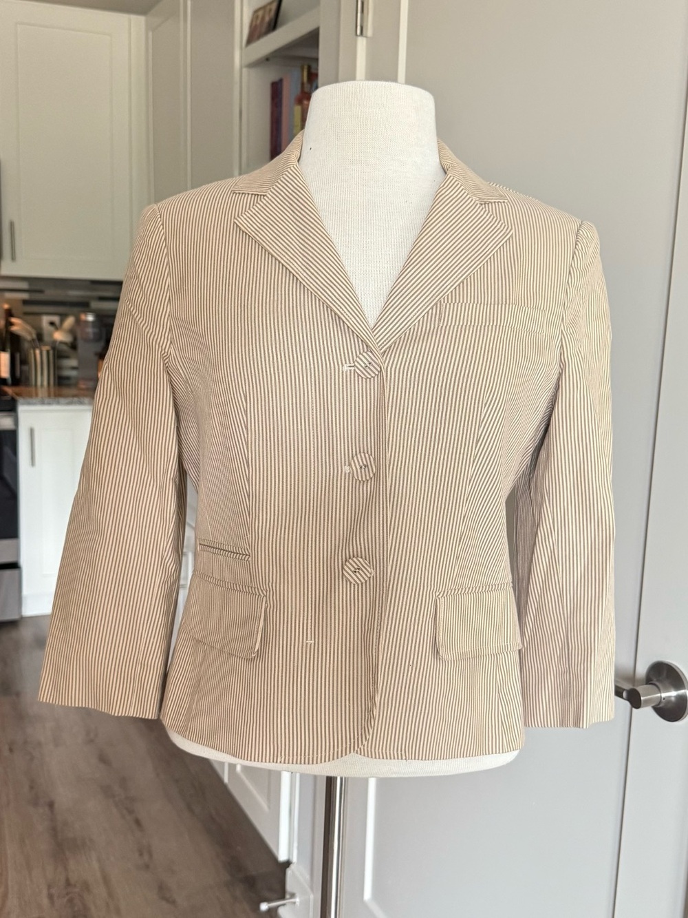 LOFT Beige and White Pinstripe Blazer Jacket